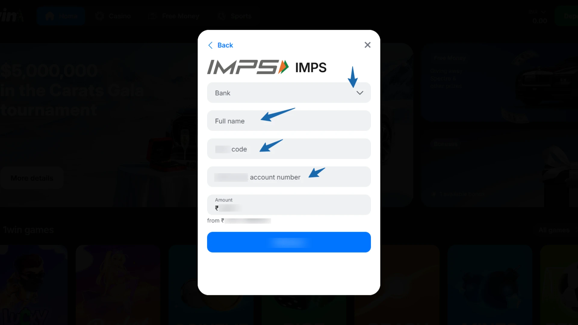 Entering bank account details or UPI ID for 1win withdrawal processing in India.